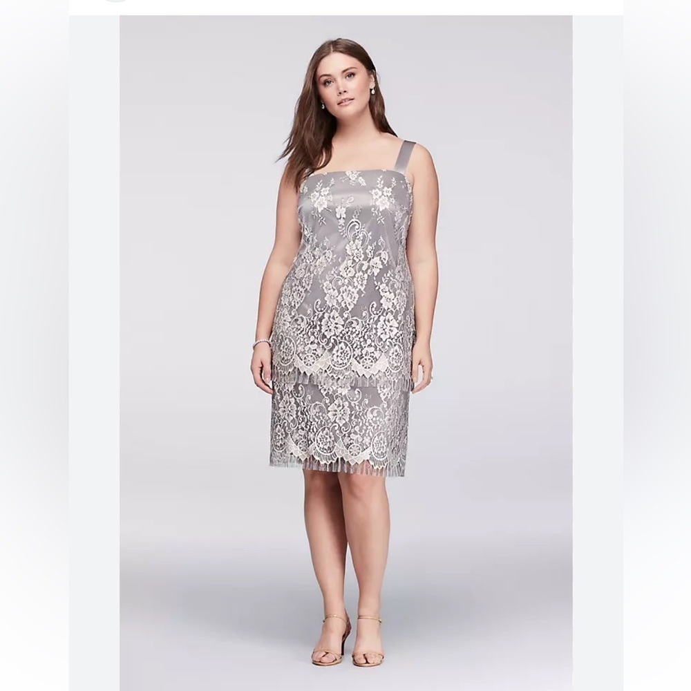 CATHERINES Cocktail Guest Tiered Lace Eyelash Hem Shimmery Grey/Silver Dress 16W
